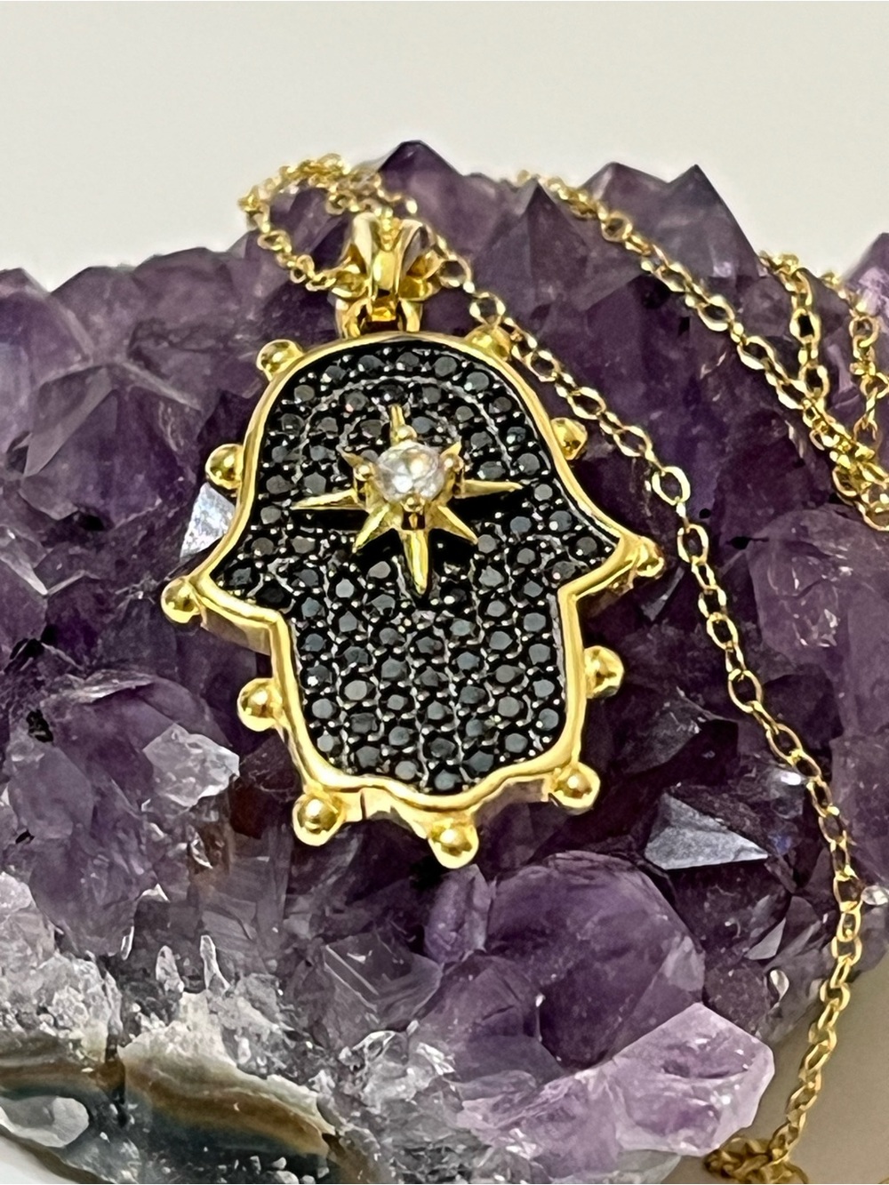 925 Sterling Silver Gold Vermeil Hamsa Hand Black Spinel CZ Pendant Necklace